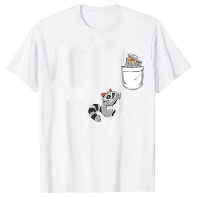 Naiste Pocket Raccoon Print T-särk lühikeste varrukatega T-särk Basic Clothing Suvine Top Graphic Riided Sweet Fashion Tee rõivad