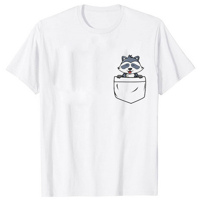 Naiste Pocket Raccoon Print T-särk lühikeste varrukatega T-särk Basic Clothing Suvine Top Graphic Riided Sweet Fashion Tee rõivad