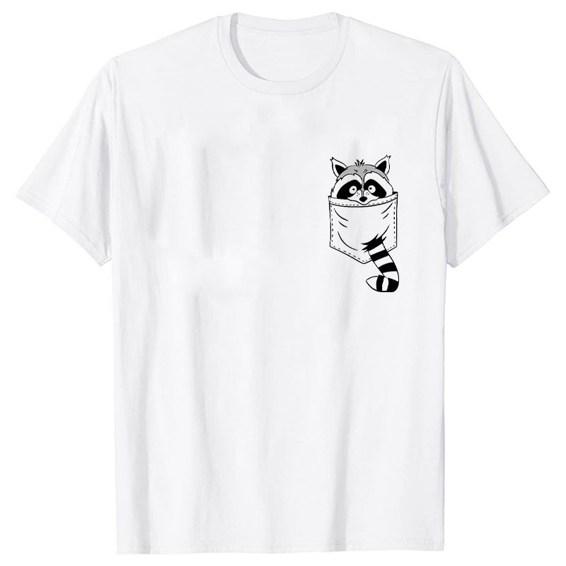 Naiste Pocket Raccoon Print T-särk lühikeste varrukatega T-särk Basic Clothing Suvine Top Graphic Riided Sweet Fashion Tee rõivad