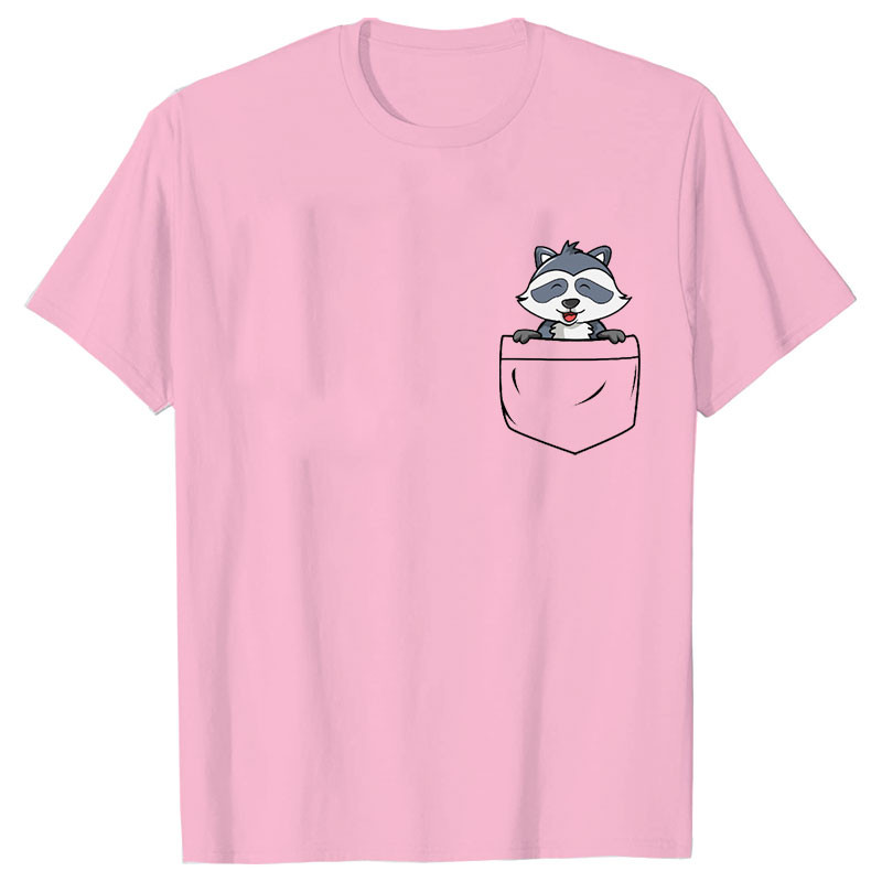 Naiste Pocket Raccoon Print T-särk lühikeste varrukatega T-särk Basic Clothing Suvine Top Graphic Riided Sweet Fashion Tee rõivad