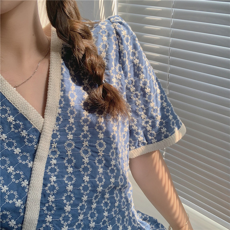 Snordic ženske ljetne elegantne jacquard cvjetne duge haljine s V izrezom, plave visoke struke kratkih rukava, izuzetne midi haljine