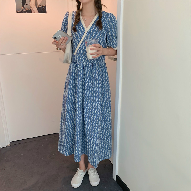 Snordic ženske ljetne elegantne jacquard cvjetne duge haljine s V izrezom, plave visoke struke kratkih rukava, izuzetne midi haljine