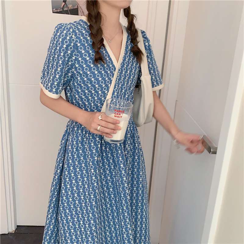 Snordic ženske ljetne elegantne jacquard cvjetne duge haljine s V izrezom, plave visoke struke kratkih rukava, izuzetne midi haljine