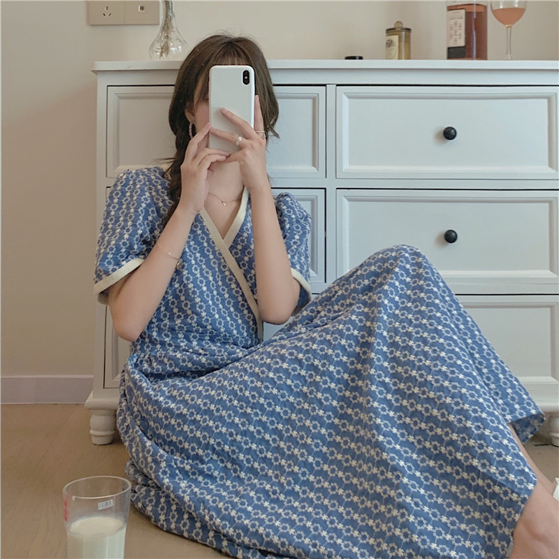 Snordic ženske ljetne elegantne jacquard cvjetne duge haljine s V izrezom, plave visoke struke kratkih rukava, izuzetne midi haljine