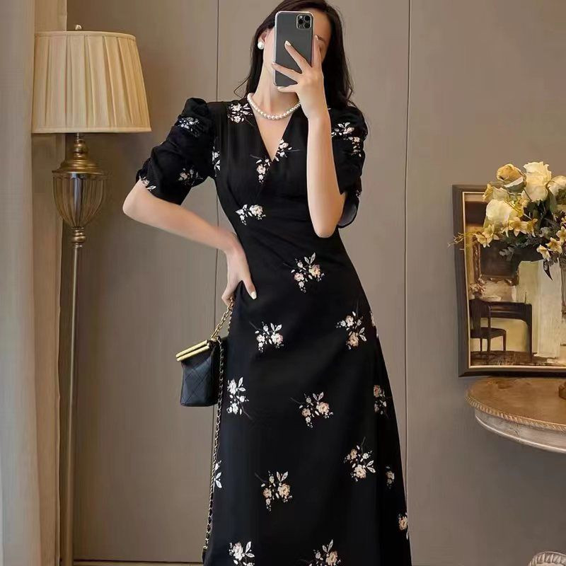 Modne ležerne duge suknje s puf rukavima Uske haljine s V-izrezom s printom Uredske dame Ljetna tanka plisirana ženska odjeća Puloveri
