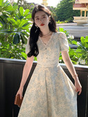 Rochie imprimată elegantă din Coreea pentru femei, la modă retro, cu mâneci bufante, cu decolteu în V, rochie midi, pentru birou, damă, rochie de soare, rochii din dantelă