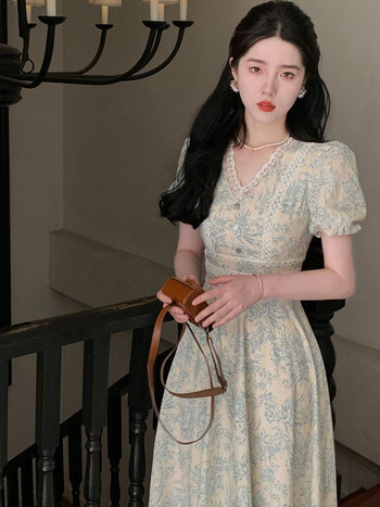 Корейска елегантна рокля с щампи Дамска модна ретро рокля с издут ръкав и V-образно деколте Миди рокля за офис дама А-силует Сарафан Vestidos Дантелена рокля