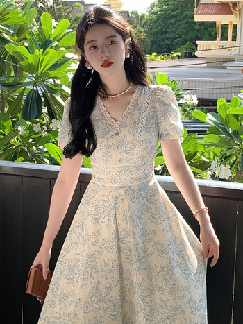 Корейска елегантна рокля с щампи Дамска модна ретро рокля с издут ръкав и V-образно деколте Миди рокля за офис дама А-силует Сарафан Vestidos Дантелена рокля