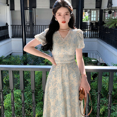 Rochie imprimată elegantă din Coreea pentru femei, la modă retro, cu mâneci bufante, cu decolteu în V, rochie midi, pentru birou, damă, rochie de soare, rochii din dantelă