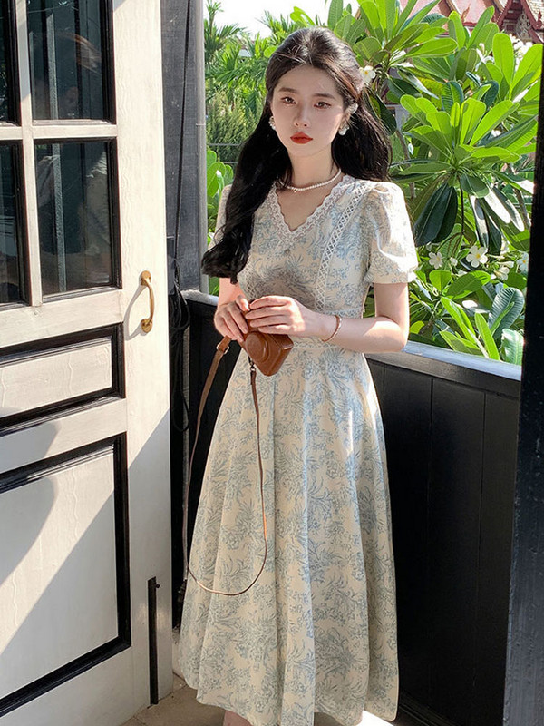 Rochie imprimată elegantă din Coreea pentru femei, la modă retro, cu mâneci bufante, cu decolteu în V, rochie midi, pentru birou, damă, rochie de soare, rochii din dantelă