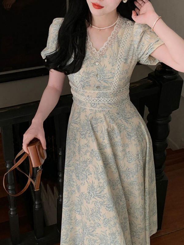 Rochie imprimată elegantă din Coreea pentru femei, la modă retro, cu mâneci bufante, cu decolteu în V, rochie midi, pentru birou, damă, rochie de soare, rochii din dantelă
