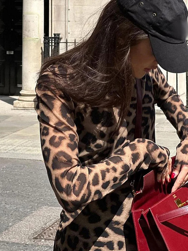 Leopardimustriline pitsist naiste minikleit Seksikas Empire O-kaelusega pikkade varrukatega Empire naiste kleidid 2024. aasta kevadsuve moerõivas