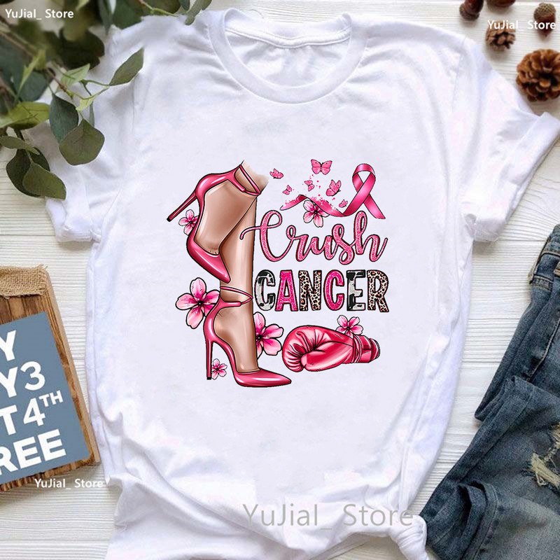 Tricou cu imprimeu pentru conștientizarea cancerului de sân pentru femei, pantofi înalți roz, tricou pentru femei, tricou cu mânecă scurtă de vară, dropshipping pentru femei
