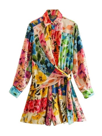 Foridol Floral Boho Tie Dyed Summer Long Sleeve Romper Playsuit Гащеризон Плажна риза с копчета Пролетен гащеризон с широки крачоли