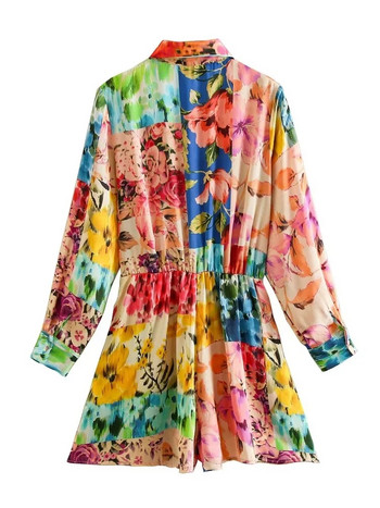 Foridol Floral Boho Tie Dyed Summer Long Sleeve Romper Playsuit Гащеризон Плажна риза с копчета Пролетен гащеризон с широки крачоли