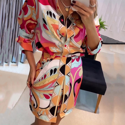 Naiste revääridega pikkade varrukatega särk ja A-kujuline seelik, kostüüm vabaaja õhukesed rõivad pendeldamiseks Uus kevadine elegantse mustriga trükitud peokomplekt