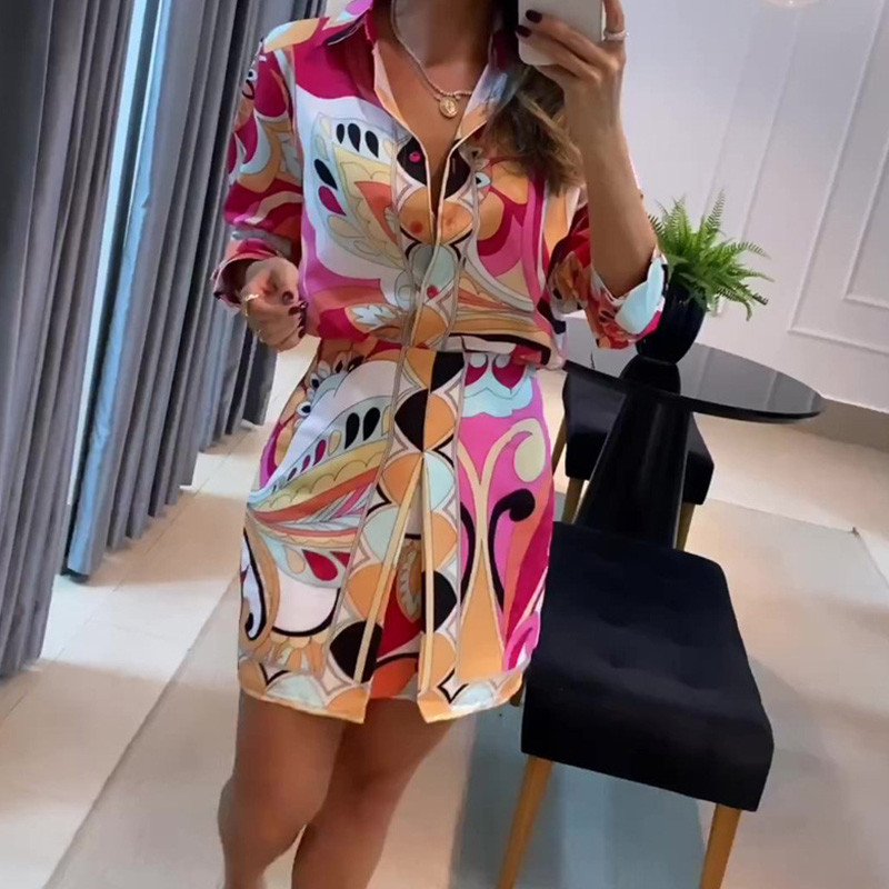 Naiste revääridega pikkade varrukatega särk ja A-kujuline seelik, kostüüm vabaaja õhukesed rõivad pendeldamiseks Uus kevadine elegantse mustriga trükitud peokomplekt