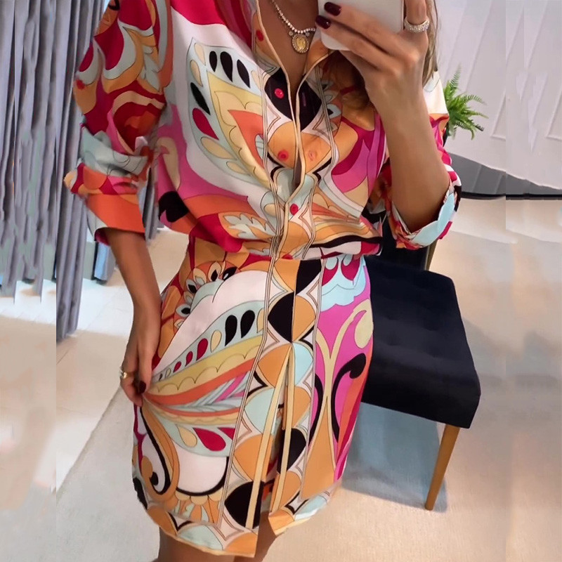 Naiste revääridega pikkade varrukatega särk ja A-kujuline seelik, kostüüm vabaaja õhukesed rõivad pendeldamiseks Uus kevadine elegantse mustriga trükitud peokomplekt