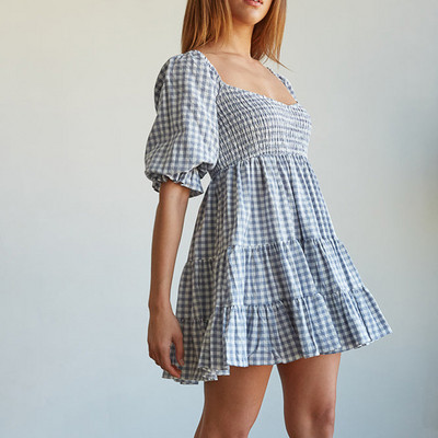 Naiste suvine ruuduline kleit poolvarrukatega, volangidega joon, elastne vöökoht naiste midikleit Elegantne moodne suvine naiste ruuduline kleit