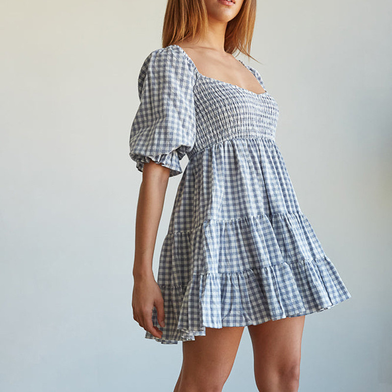 Naiste suvine ruuduline kleit poolvarrukatega, volangidega joon, elastne vöökoht naiste midikleit Elegantne moodne suvine naiste ruuduline kleit
