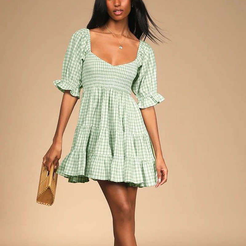 Naiste suvine ruuduline kleit poolvarrukatega, volangidega joon, elastne vöökoht naiste midikleit Elegantne moodne suvine naiste ruuduline kleit