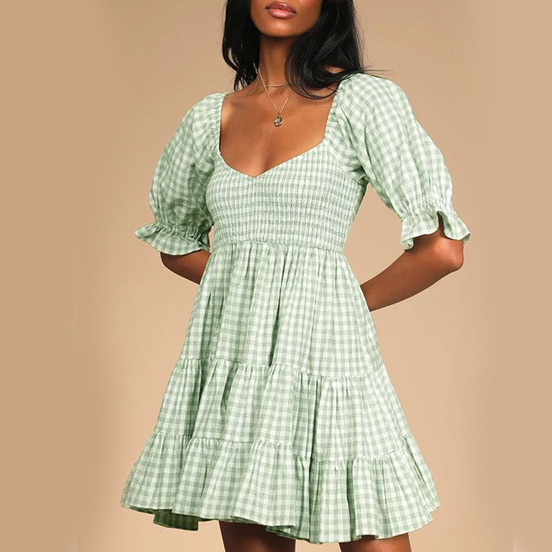 Naiste suvine ruuduline kleit poolvarrukatega, volangidega joon, elastne vöökoht naiste midikleit Elegantne moodne suvine naiste ruuduline kleit