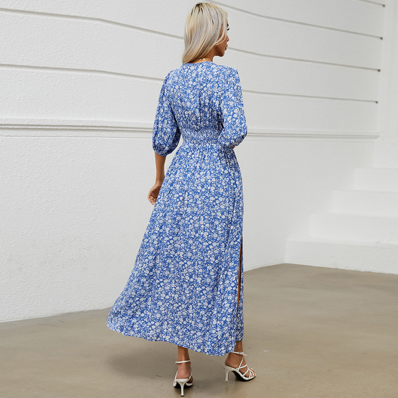 Rochie Maxi de vară 2024 pentru femei, cu decolteu în V, cu mâneci bufante, în față, albastru, elegant, boho, petrecere de vacanță, rochii de plajă, rochii