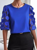 Bluză cu mânecă scurtă cu dantelă scobită roz de modă pentru femei, vară, elegantă, pentru birou, pentru damă, bluze casual cu gâtul în formă de topuri