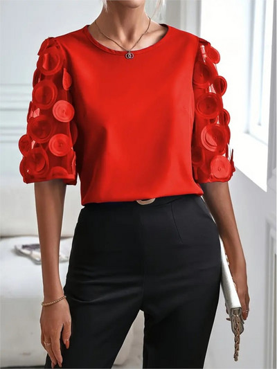 Bluză cu mânecă scurtă cu dantelă scobită roz de modă pentru femei, vară, elegantă, pentru birou, pentru damă, bluze casual cu gâtul în formă de topuri