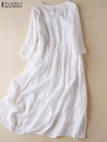ZANZEA Дамска бяла плажна рокля Едноцветна лятна рокля с риза с половин ръкав Ежедневна свободна рокля с джоб Празнична широка дълга роба
