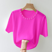 Majica kratkih rukava od ledene svile Ženska ljetna široka pletena majica s perlama, prsluk s perlama