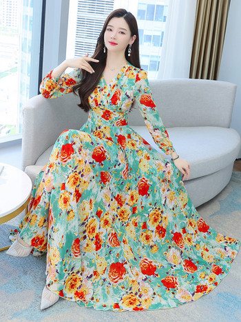 2023 Плажна шифонена миди рокля на цветя Дамски луксозни, елегантни пролетно-лятни корейски модни ежедневни облегащи парти вечерни дълги рокли
