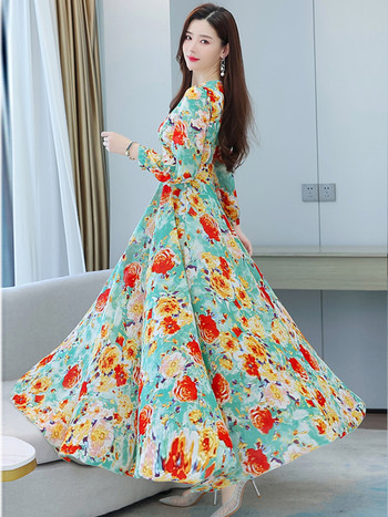 2023 Плажна шифонена миди рокля на цветя Дамски луксозни, елегантни пролетно-лятни корейски модни ежедневни облегащи парти вечерни дълги рокли