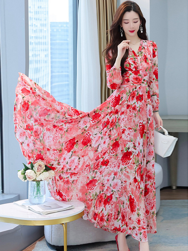 2023 rochie midi din șifon floral de plajă femei de lux elegantă primăvară vară modă coreeană ocazional bodycon petrecere rochii lungi de seară