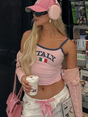 ITALIA Hímzés Ujjatlan Crop Top Rózsaszín Szexi Alap patchwork nyári alkalmi camis hát nélküli Y2k vintage felsők női