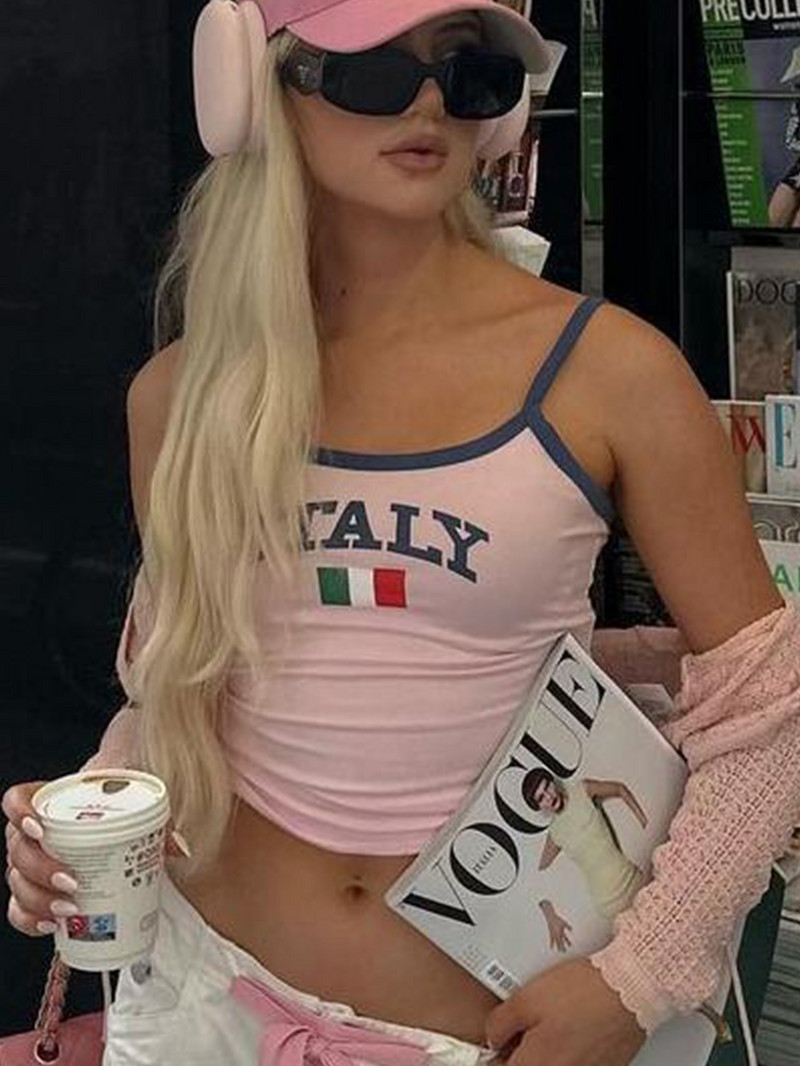 ITALIA Hímzés Ujjatlan Crop Top Rózsaszín Szexi Alap patchwork nyári alkalmi camis hát nélküli Y2k vintage felsők női