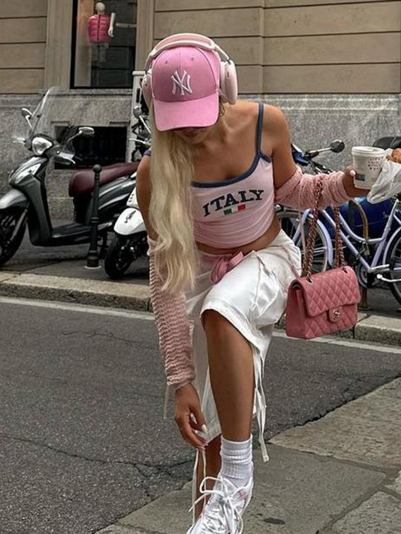 ITALIA Hímzés Ujjatlan Crop Top Rózsaszín Szexi Alap patchwork nyári alkalmi camis hát nélküli Y2k vintage felsők női