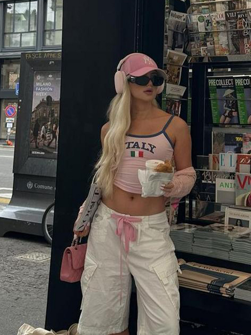 ITALIA Hímzés Ujjatlan Crop Top Rózsaszín Szexi Alap patchwork nyári alkalmi camis hát nélküli Y2k vintage felsők női