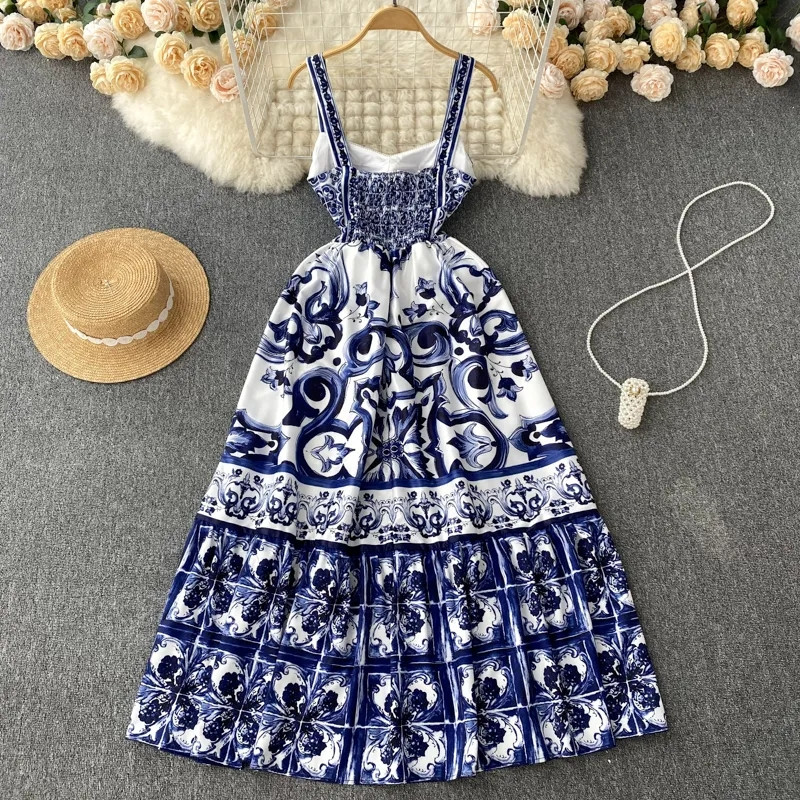 Rochie de damă cu decolteu în V, roșu, albastru și alb, cu bretele spaghete, rochie maxi de vacanță de vară, piesă de vară, imprimeu floral, halate lungi de vacanță