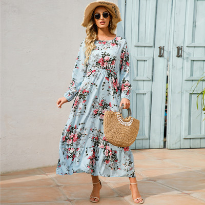Rochii Maxi pentru femei Sping Toamna Boem Casual Maneca intreaga Talie inalta Plaja Femei Rochii din sifon Rochii florale Rochie lunga