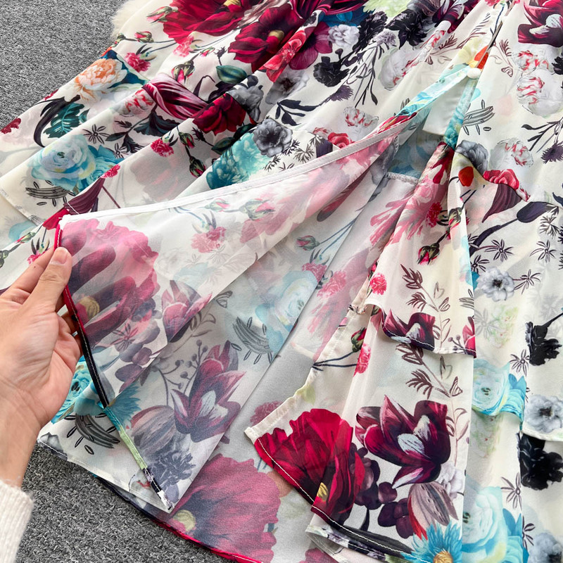 Ženska haljina u boemskom stilu s dubokim V-izrezom, proljeće ljeto, dugih rukava, ležerna haljina s cvjetnim printom, slatka kaskadna haljina