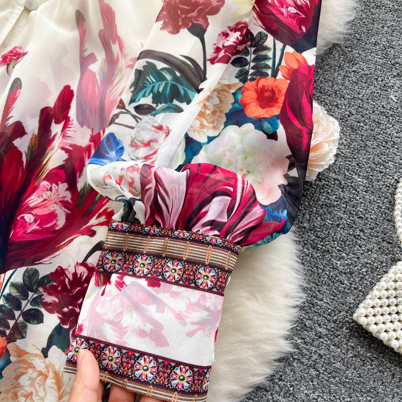 Ženska haljina u boemskom stilu s dubokim V-izrezom, proljeće ljeto, dugih rukava, ležerna haljina s cvjetnim printom, slatka kaskadna haljina