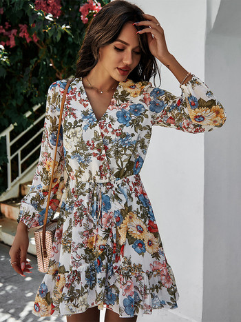 Пролетно-лятна рокля с флорален принт Дамска шифонена рокля с широки ръкави и висока талия