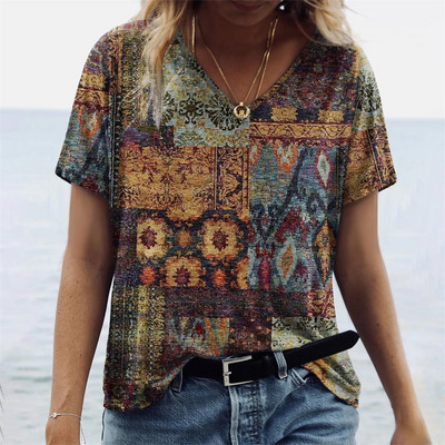 Tricouri de damă de vară cu grafică degradată Topuri cu decolteu în V Moda pentru femei Îmbrăcăminte vintage pentru femei Tricouri cu imprimeu floral Tricouri largi supradimensionate