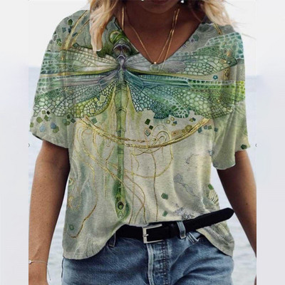Tricouri de damă de vară cu grafică degradată Topuri cu decolteu în V Moda pentru femei Îmbrăcăminte vintage pentru femei Tricouri cu imprimeu floral Tricouri largi supradimensionate