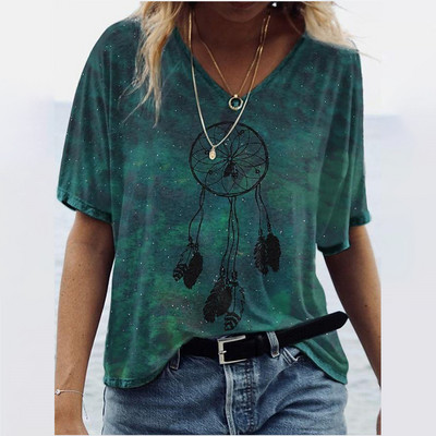 Tricouri de damă de vară cu grafică degradată Topuri cu decolteu în V Moda pentru femei Îmbrăcăminte vintage pentru femei Tricouri cu imprimeu floral Tricouri largi supradimensionate