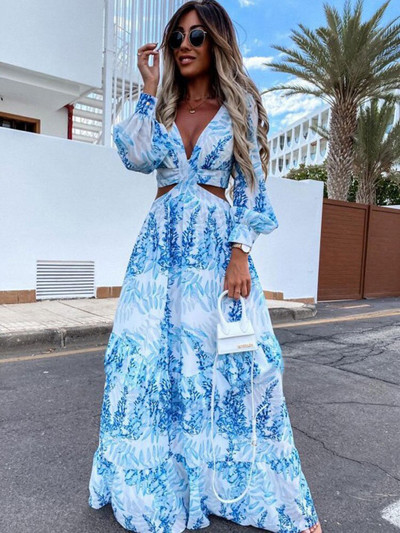 Rochii elegante de damă 2023, vară, cu imprimeu sexy, cu decolteu în V, cu mânecă lungă, rochie de vacanță, pe plajă, damă Vesido Mujer Robe S-XXXL