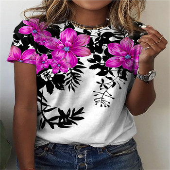 Модна 3D дамска тениска с цветя Забавна цветна тениска с къси ръкави Тениска за момиче Лятна тениска с О-образно деколте Дамско облекло