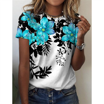 Модна 3D дамска тениска с цветя Забавна цветна тениска с къси ръкави Тениска за момиче Лятна тениска с О-образно деколте Дамско облекло