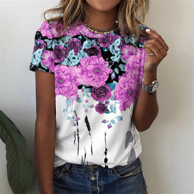Moodne 3D naiste lilledega T-särk Lõbus lillemustriga lühikeste varrukatega tüdrukute T-särk Suvine vaba aeg O-kaelusega T-särk Naiste riided